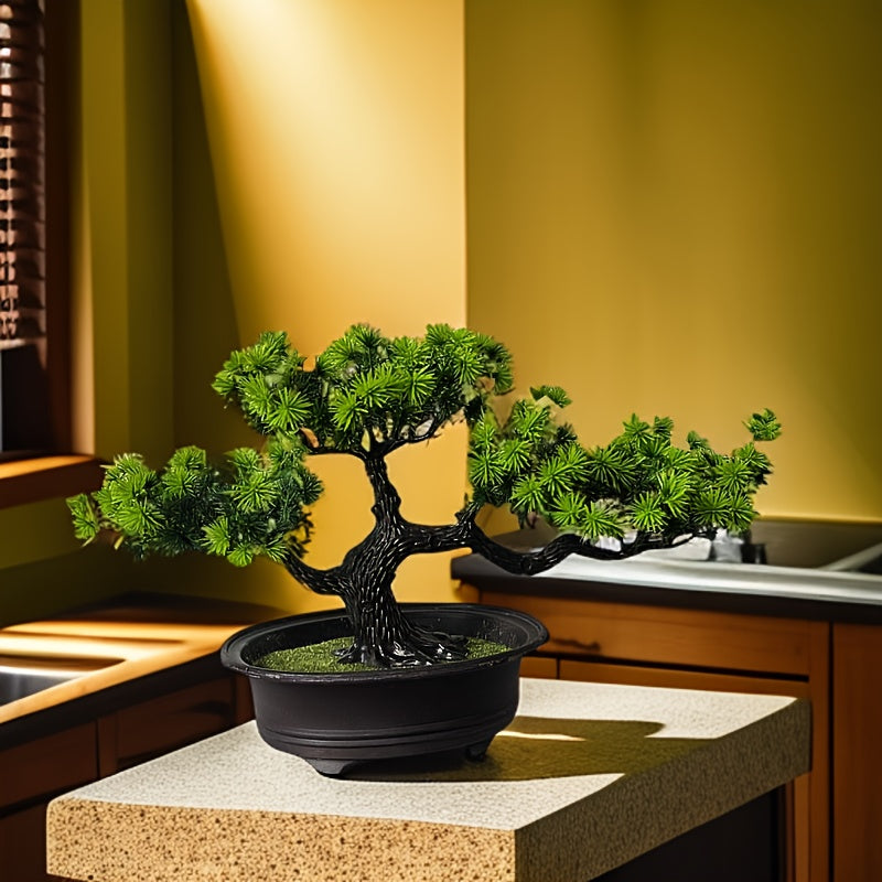 Lifelike Artificial Bonsai Tree in Black Pot - 19.99cm Tall